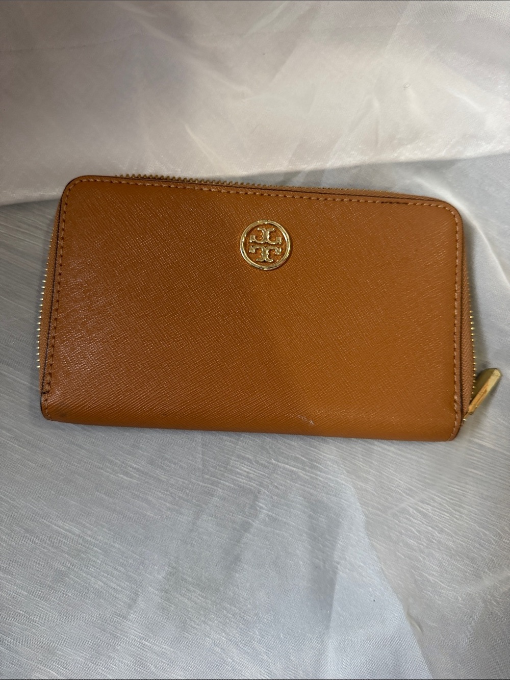 Tory Burch Caramel Zip Around Wallet with Gold Logo